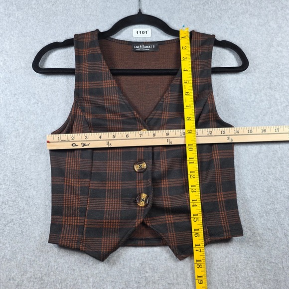 Liz & Sara Womens Brown Black Plaid Button Up Cropped Vest Waistcoat Size S - Picture 4 of 6